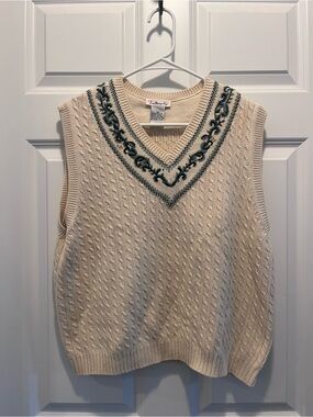 Talbots Cream Cable-Knit V-Neck Sweater Vest with Green Trim